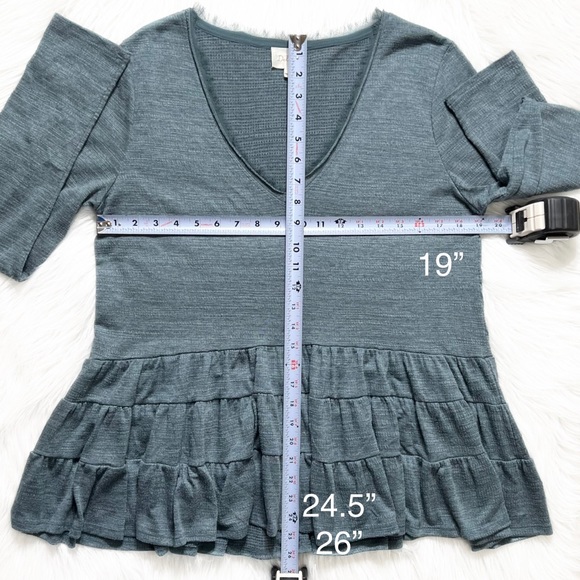 Anthropologie Teal Tiered Ruffled Peplum Long Sleeve V Neck Knit Top - Picture 10 of 10